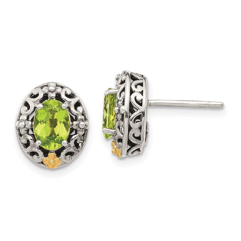 925 Ss W 14k Accent Antiqued Oval Peridot August Birthstone Post Earrings 194$